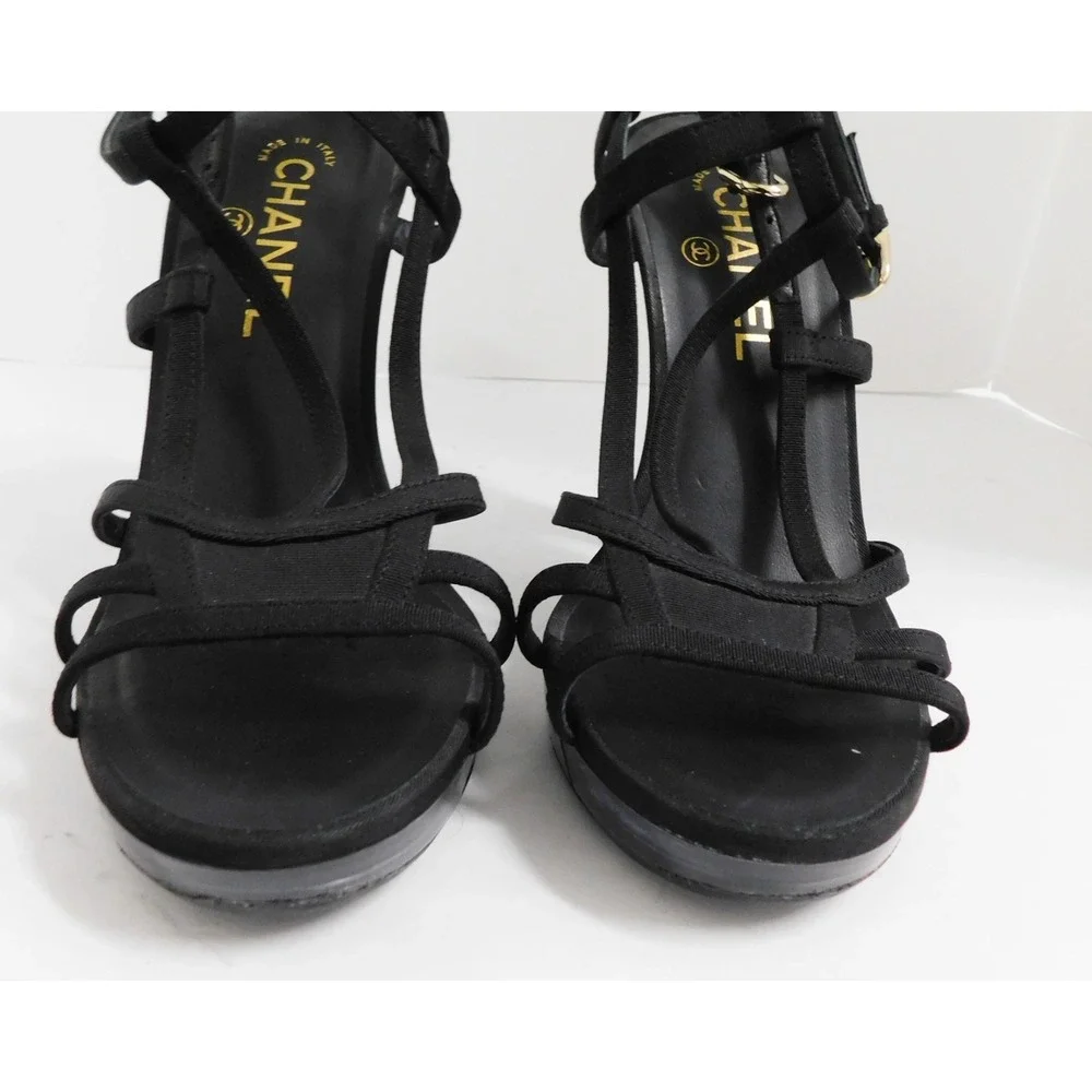 CHANEL Black Strappy Fabric Stiletto Open Toe Heels Women's 38‎